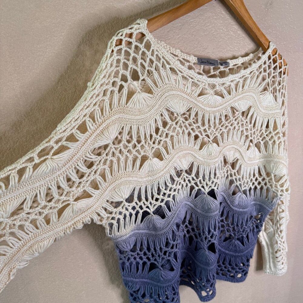 Jason Maxwell Crochet Top Large Beachy Boho Ombre Ivory Blue Vacation Coverup - Picture 3 of 10